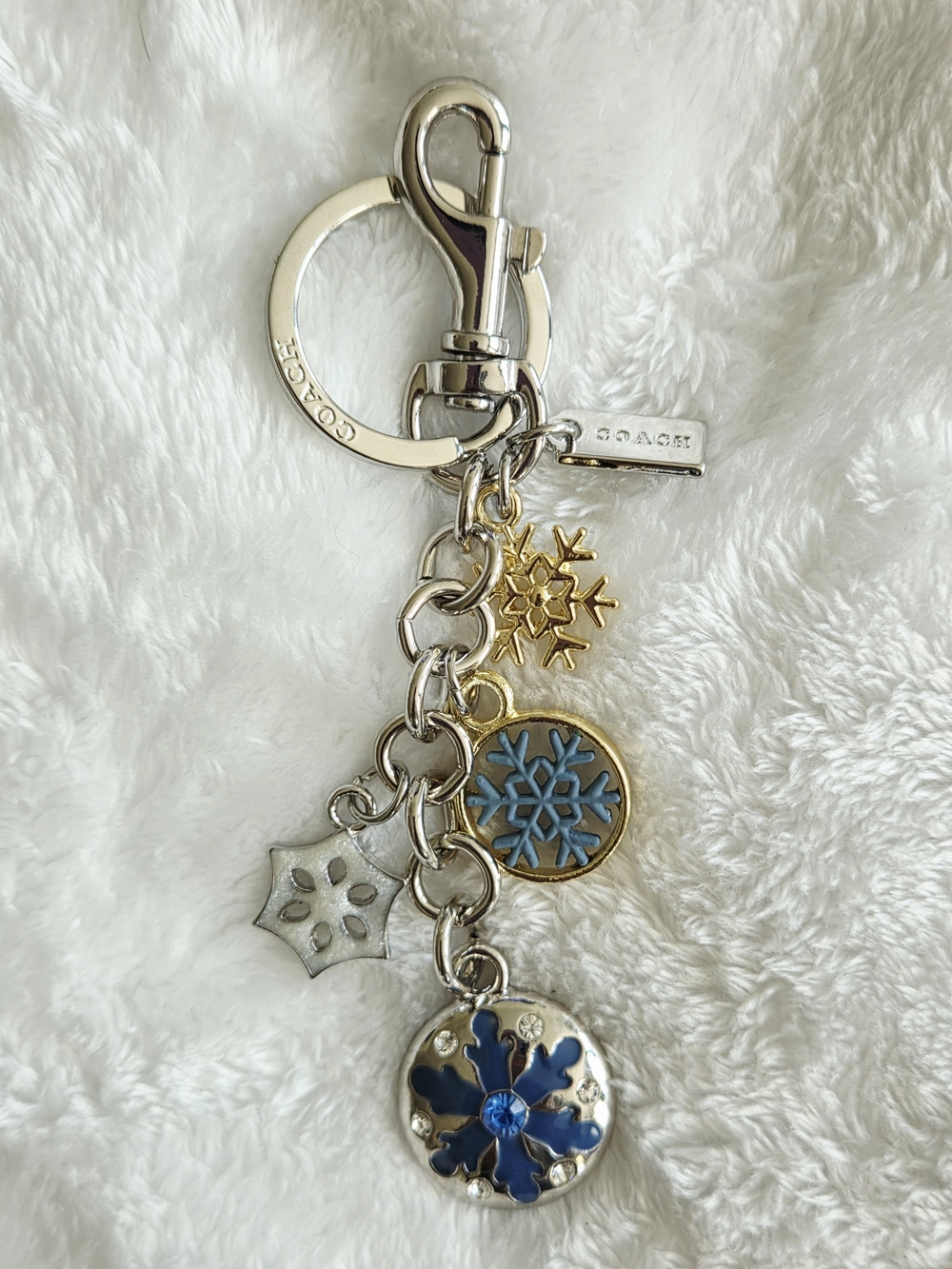 C Logo Blue Silver & Gold Snowflake Charm Keychain with Blue Accents Bag Charm